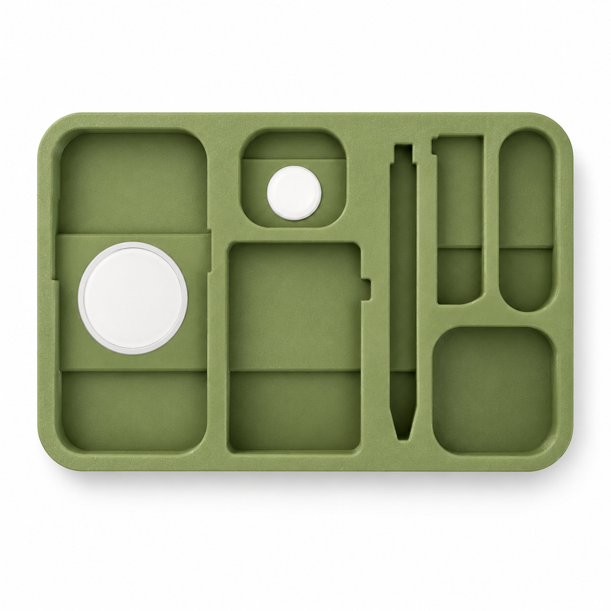 The Kept EDC Tray empty, showing the custom pockets and charging pads