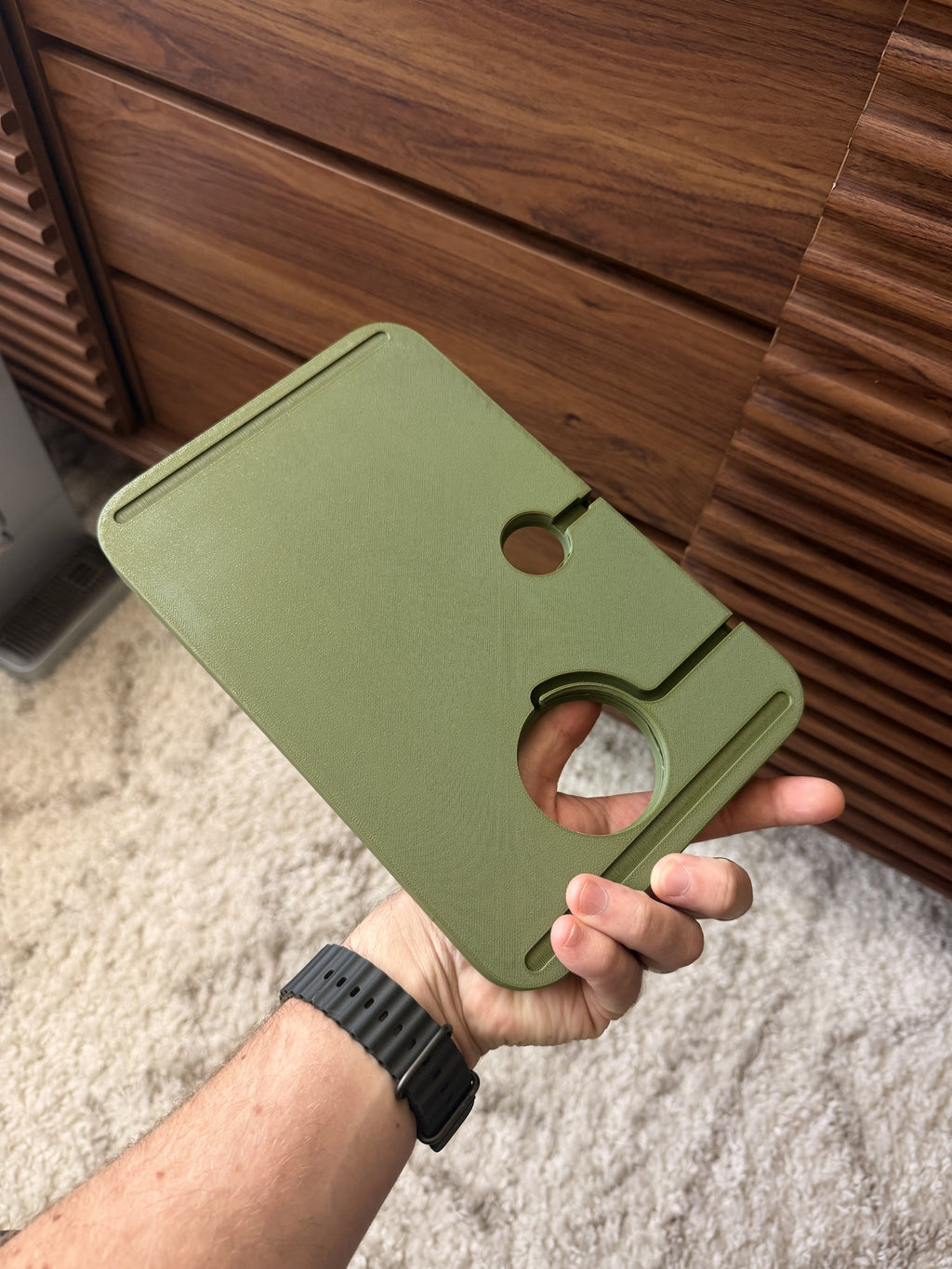 The underside of the finished Kept EDC Tray, showing charger cutouts and cable channels