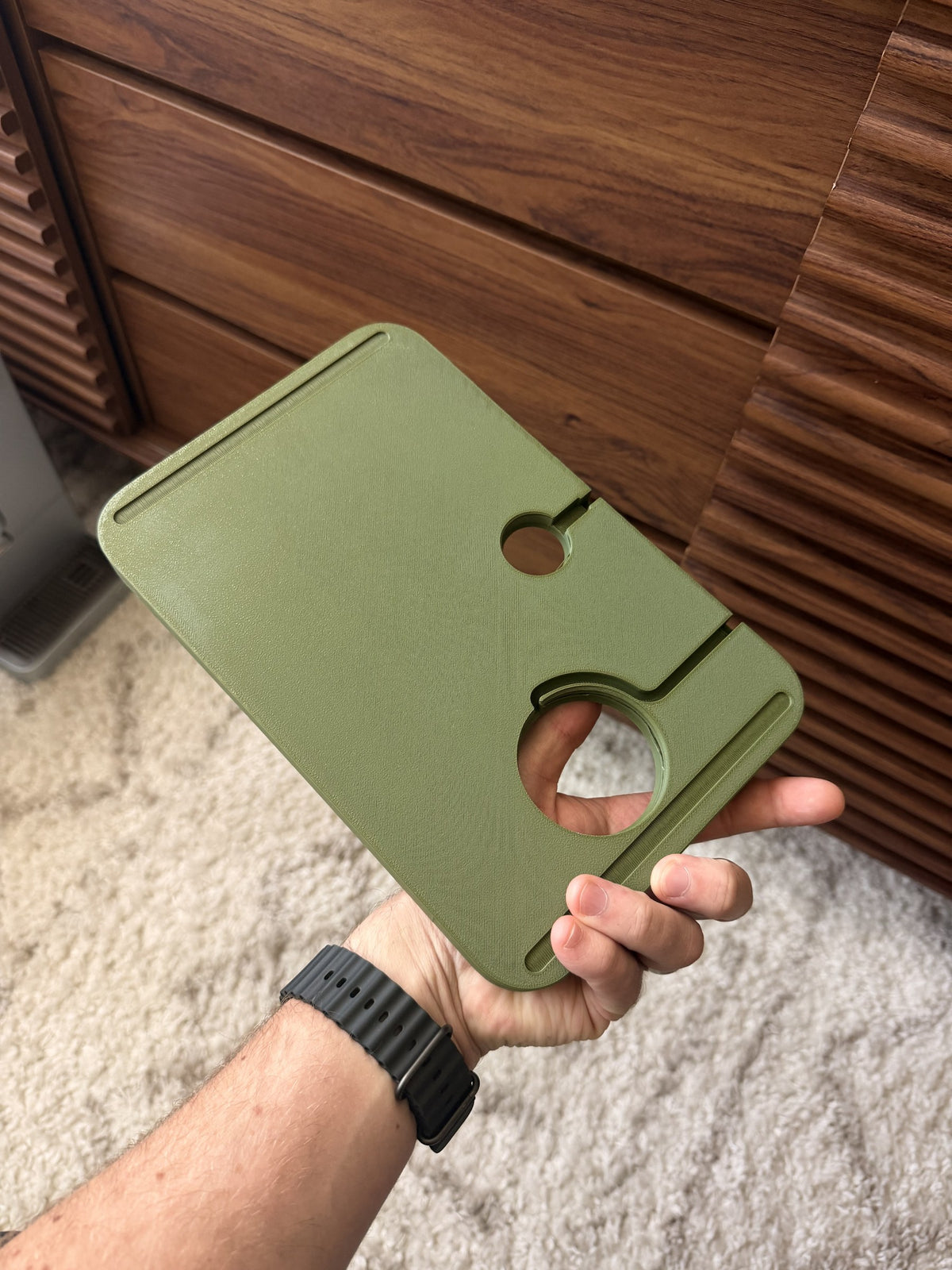 The underside of the finished Kept EDC Tray, showing charger cutouts and cable channels