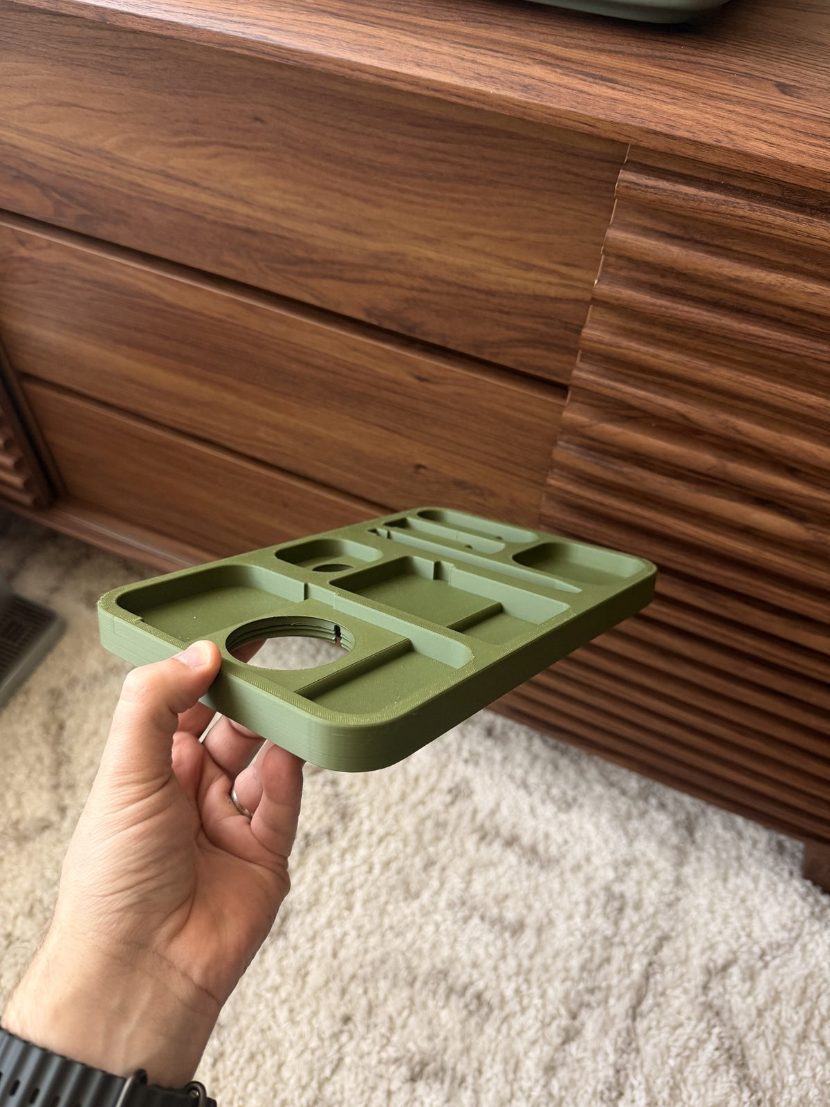 The finished Kept EDC Tray in hand, side angle