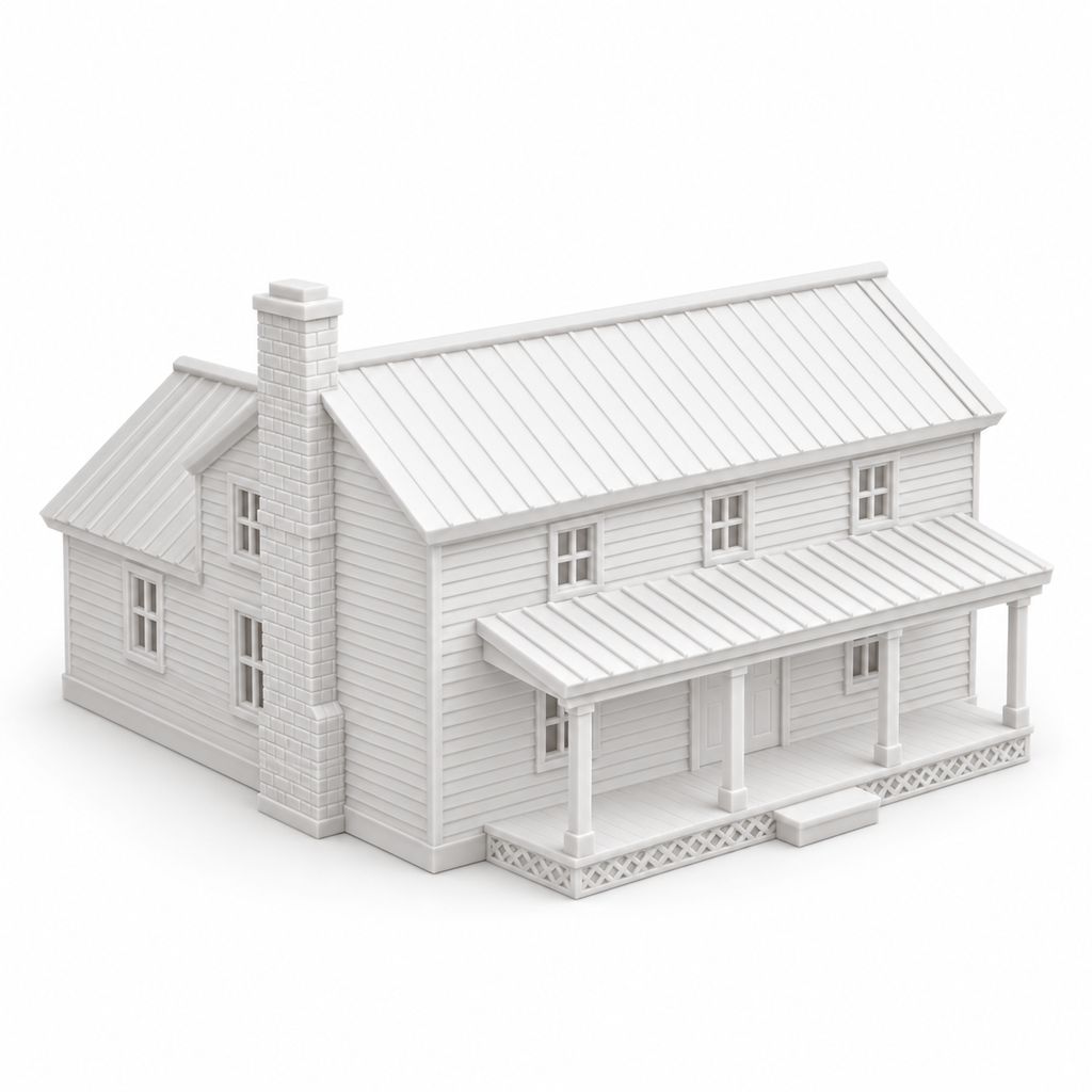 The Kept House, Mantel: a white 3D printed two-story farmhouse with a full front porch, lattice skirting and brick chimney