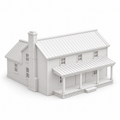 The Kept House, Mantel: a white 3D printed two-story farmhouse with a full front porch, lattice skirting and brick chimney