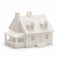 The Kept House, Ornament: a white 3D printed Cape Cod style house with dormers, chimney, porch and a hanging loop