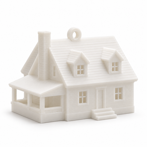 The Kept House, Ornament: a white 3D printed Cape Cod style house with dormers, chimney, porch and a hanging loop