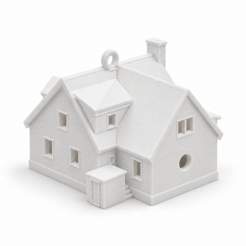 The back of a Kept House, Ornament, showing the round opening for a mini light bulb and the hanging loop