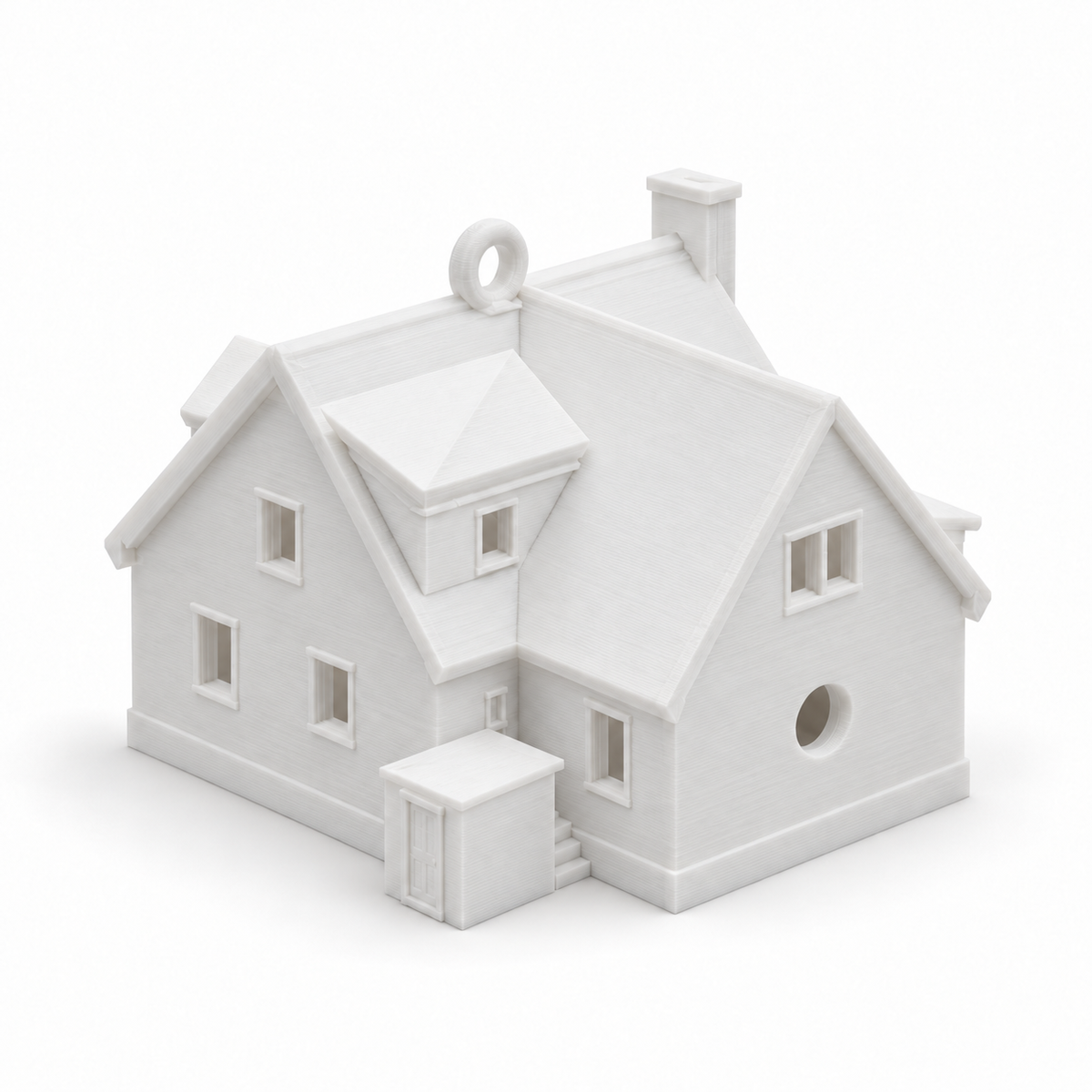 The back of a Kept House, Ornament, showing the round opening for a mini light bulb and the hanging loop
