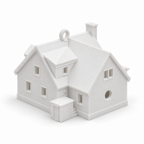 The back of a Kept House, Ornament, showing the round opening for a mini light bulb and the hanging loop